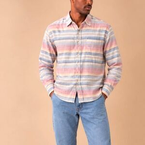 H&M LOGG Mens XL Blue Pink Striped Button Up Long Sleeve Shirt Coastal Preppy